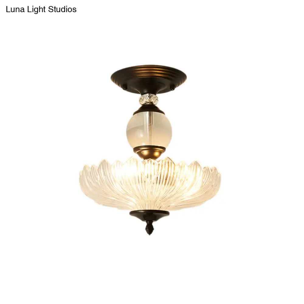Modern Ribbed Glass Semi Flush Mount Light In Black/Gold - 12’/16’ Diameter 1 Crystal Ceiling Lamp