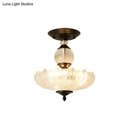 Modern Ribbed Glass Semi Flush Mount Light In Black/Gold - 12’/16’ Diameter 1 Crystal Ceiling Lamp