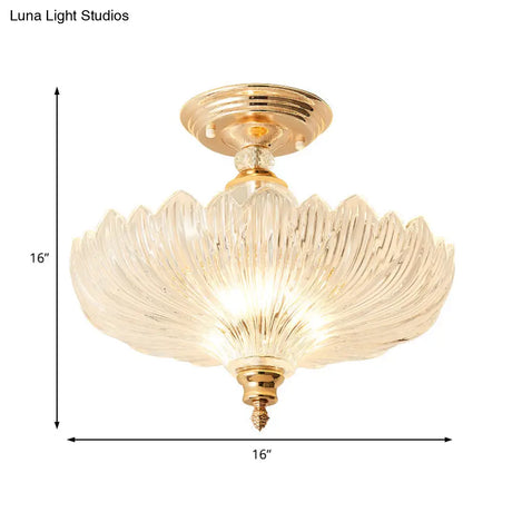 Modern Ribbed Glass Semi Flush Mount Light In Black/Gold - 12’/16’ Diameter 1 Crystal Ceiling Lamp