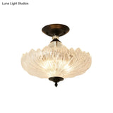 Modern Ribbed Glass Semi Flush Mount Light In Black/Gold - 12’/16’ Diameter 1 Crystal Ceiling Lamp