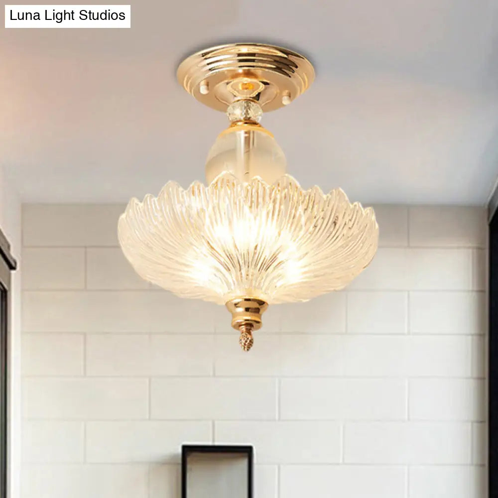 Modern Ribbed Glass Semi Flush Mount Light In Black/Gold - 12’/16’ Diameter 1 Crystal Ceiling Lamp