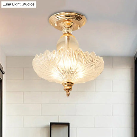 Modern Ribbed Glass Semi Flush Mount Light In Black/Gold - 12’/16’ Diameter 1 Crystal Ceiling Lamp