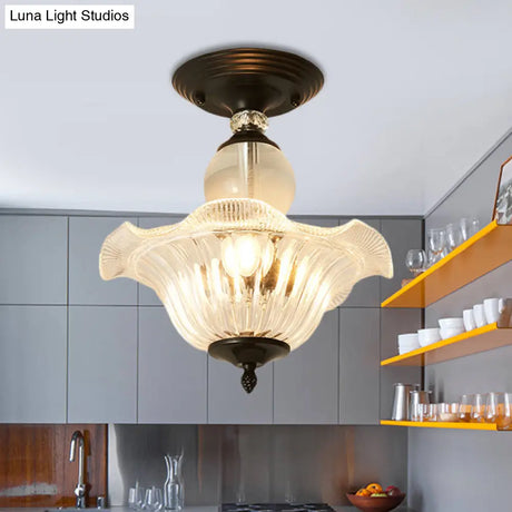 Modern Ribbed Glass Semi Flush Mount Light In Black/Gold - 12’/16’ Diameter 1 Crystal Ceiling Lamp