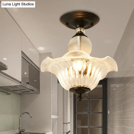 Modern Ribbed Glass Semi Flush Mount Light In Black/Gold - 12’/16’ Diameter 1 Crystal Ceiling