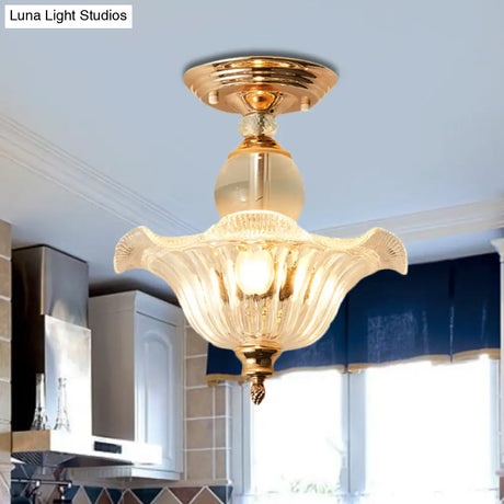 Modern Ribbed Glass Semi Flush Mount Light In Black/Gold - 12’/16’ Diameter 1 Crystal Ceiling Lamp