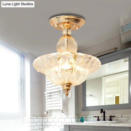 Modern Ribbed Glass Semi Flush Mount Light In Black/Gold - 12’/16’ Diameter 1 Crystal Ceiling Lamp