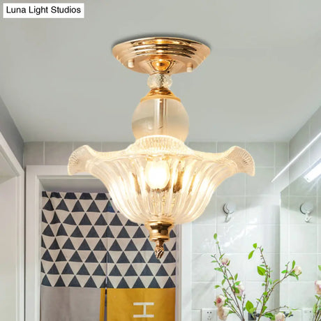 Modern Ribbed Glass Semi Flush Mount Light In Black/Gold - 12’/16’ Diameter 1 Crystal Ceiling