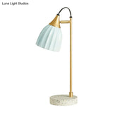 Modern Ribbed Table Lamp With Pink/Sky Blue Dome Gold Arm And Marble Base