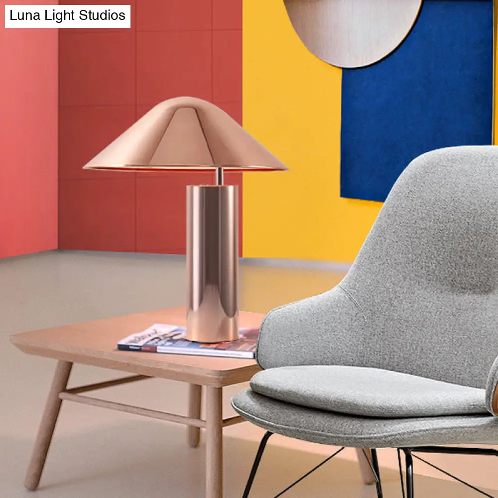 Modern Rose Gold Nightstand Lamp - 2 Bulbs Living Room Table Light With Conical Metal Shade