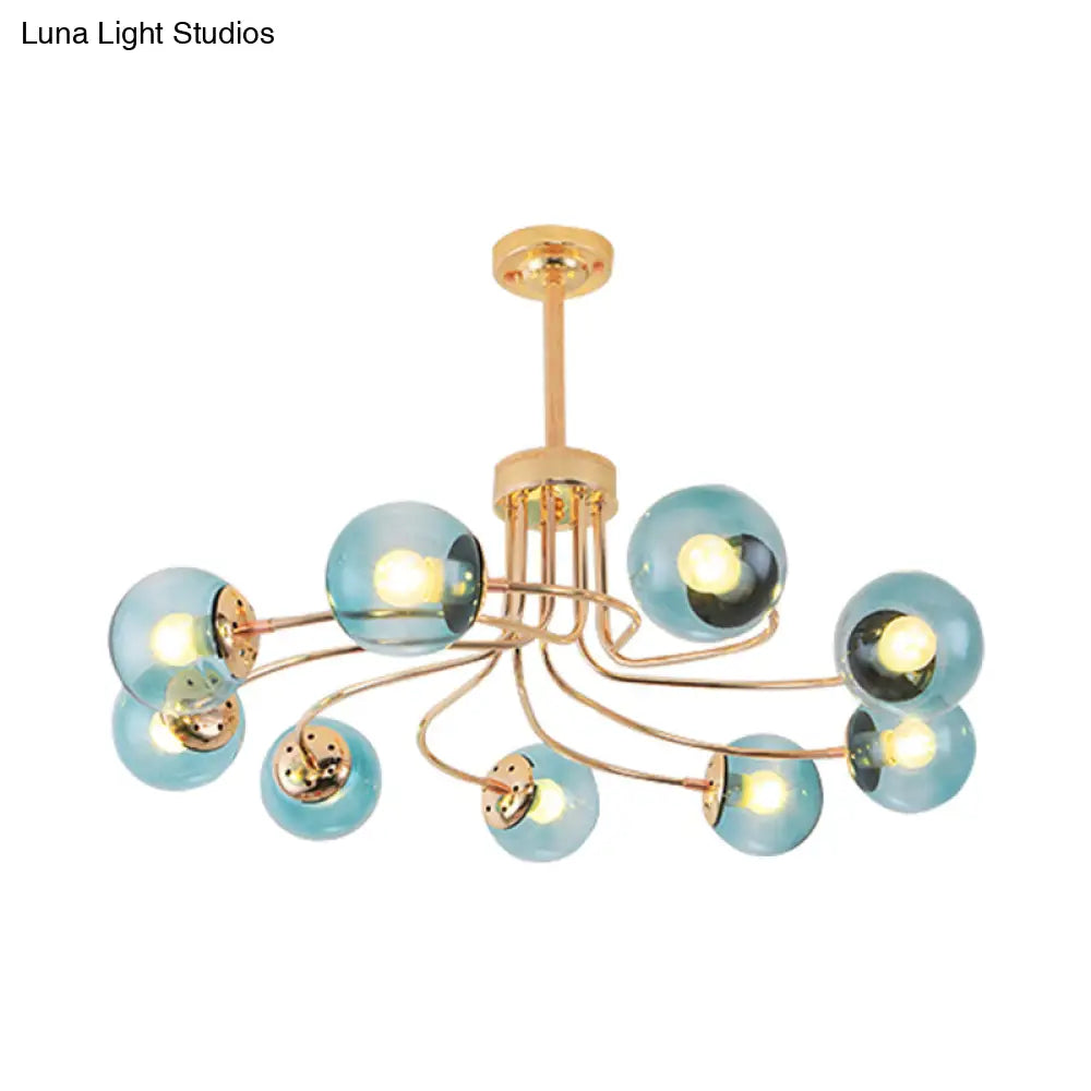 Modern Round Blue/Amber Glass Ceiling Chandelier - 9-Light Gold/Black Hanging Lamp Kit