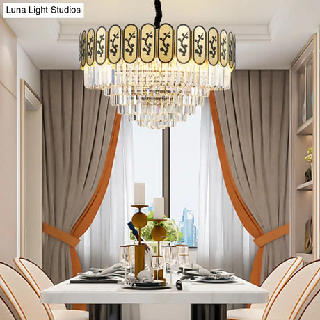 Modern Round Chandelier With Flower Pattern Crystal And Metal Hanging Light For Bedroom - Brass