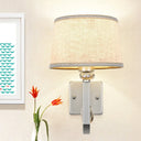 Modern Round Flaxen Sconce Lamp With Crystal Accent & Nickle Swoop Arm - Wall Mount Lighting
