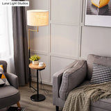 Modern Round Floor Lamp With Fabric Shade And Wood Tray For Living Room