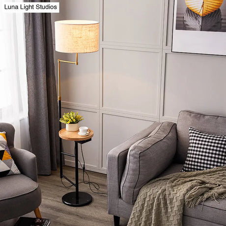 Modern Round Floor Lamp With Fabric Shade And Wood Tray For Living Room