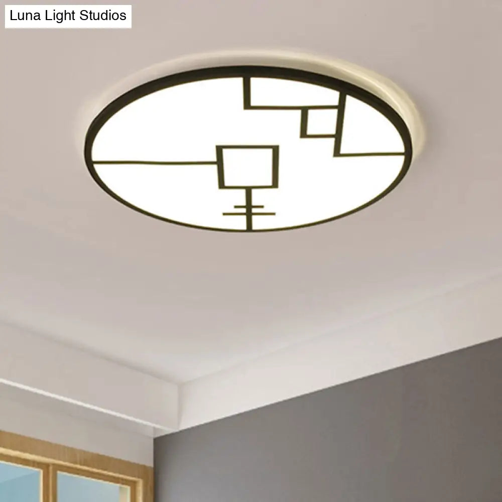 Modern Round Flush Mount Led Bedroom Light In White/Black Metallic With Pattern