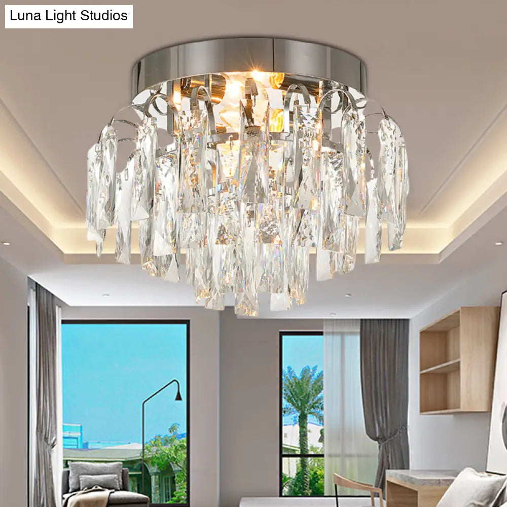 Modern Round Flush Mount Light With Clear Crystal Prism Chrome/Gold Finish 2 Lights