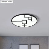 Modern Round Led Ceiling Light In Black/White With Geometric Pattern - Flush Mount Fixture For
