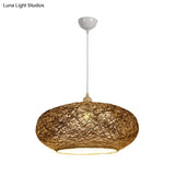 Modern Round Rattan Pendant Lamp In Dark Tan - Minimalist Tearoom Ceiling Light