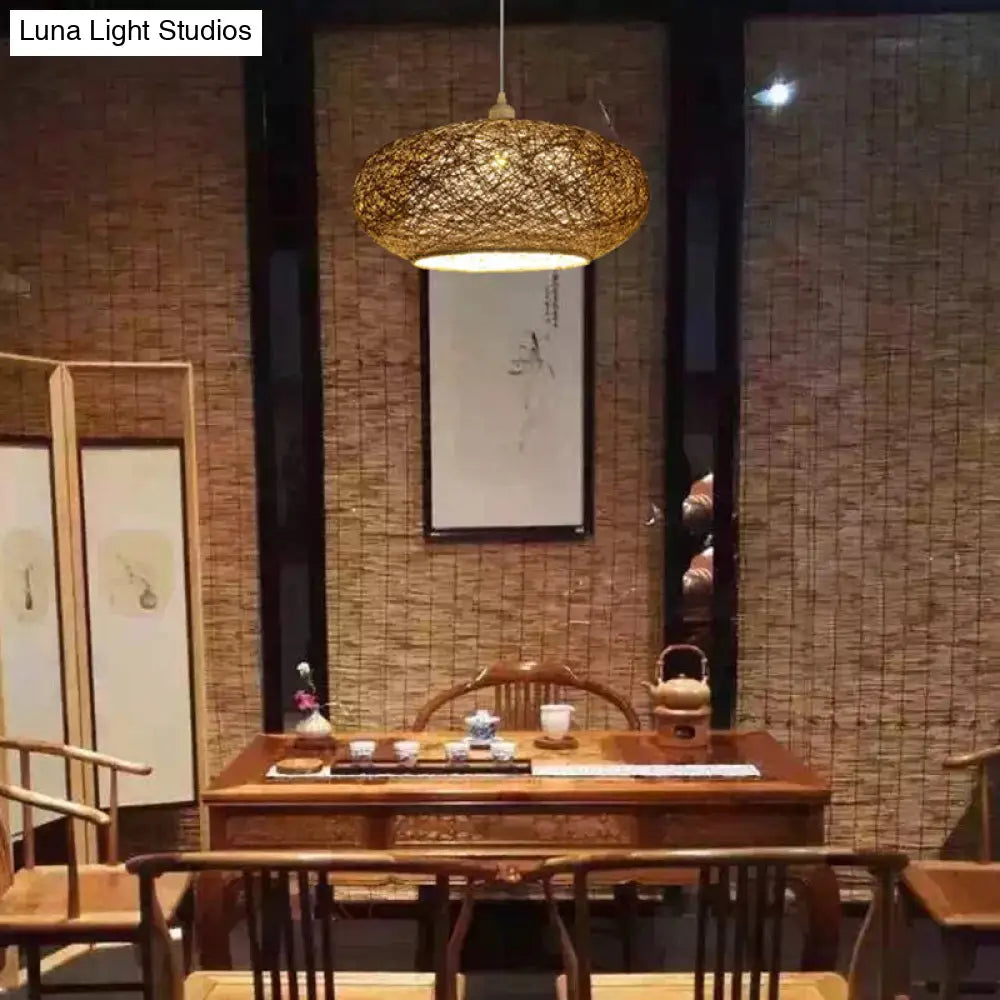 Modern Round Rattan Pendant Lamp In Dark Tan - Minimalist Tearoom Ceiling Light
