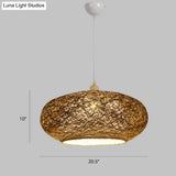 Modern Round Rattan Pendant Lamp In Dark Tan - Minimalist Tearoom Ceiling Light