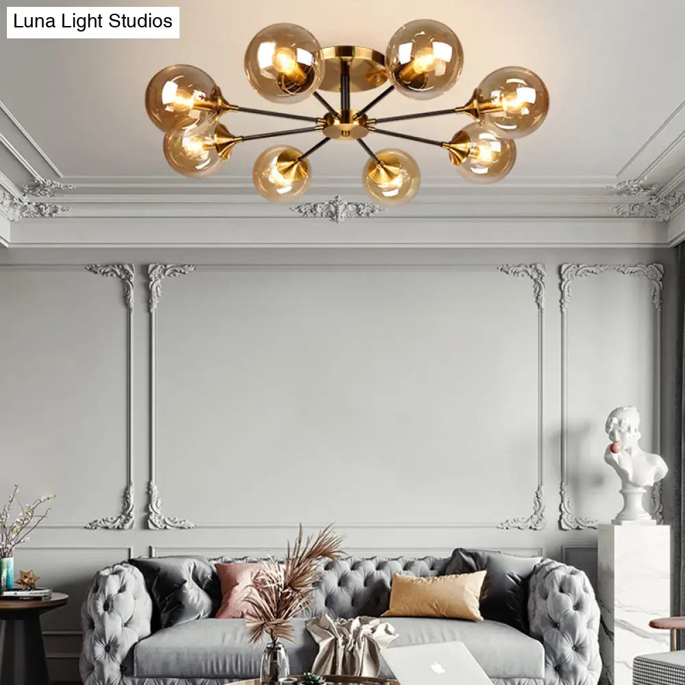 Modern Round Semi Flush Mount Lighting In White/Orange With Smoke Glass - 3/6/8 Light Gold Led