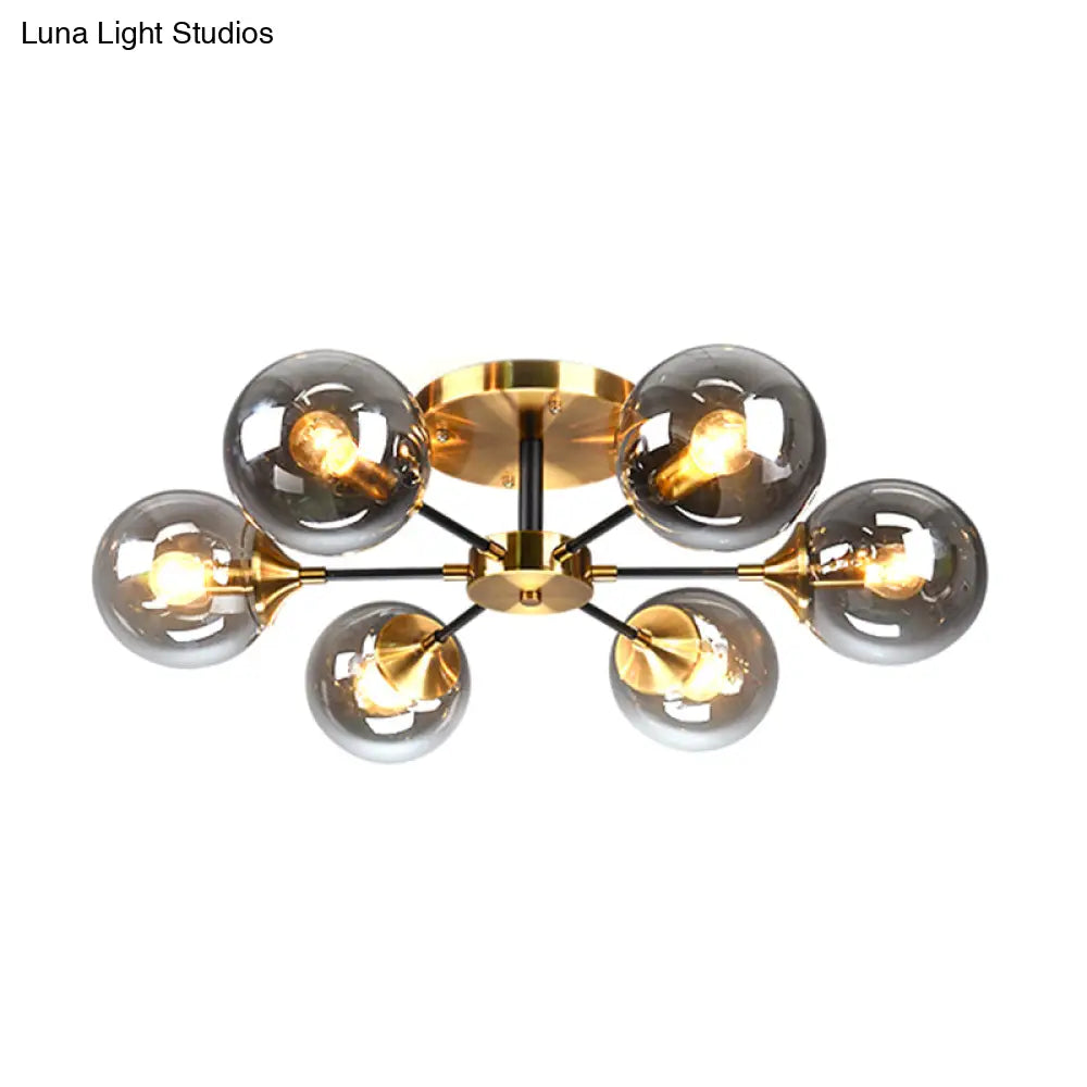 Modern Round Semi Flush Mount Lighting In White/Orange With Smoke Glass - 3/6/8 Light Gold Led