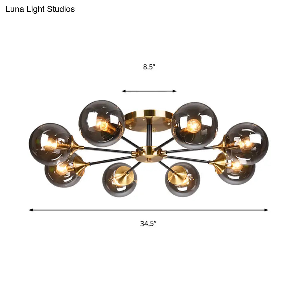 Modern Round Semi Flush Mount Lighting In White/Orange With Smoke Glass - 3/6/8 Light Gold Led