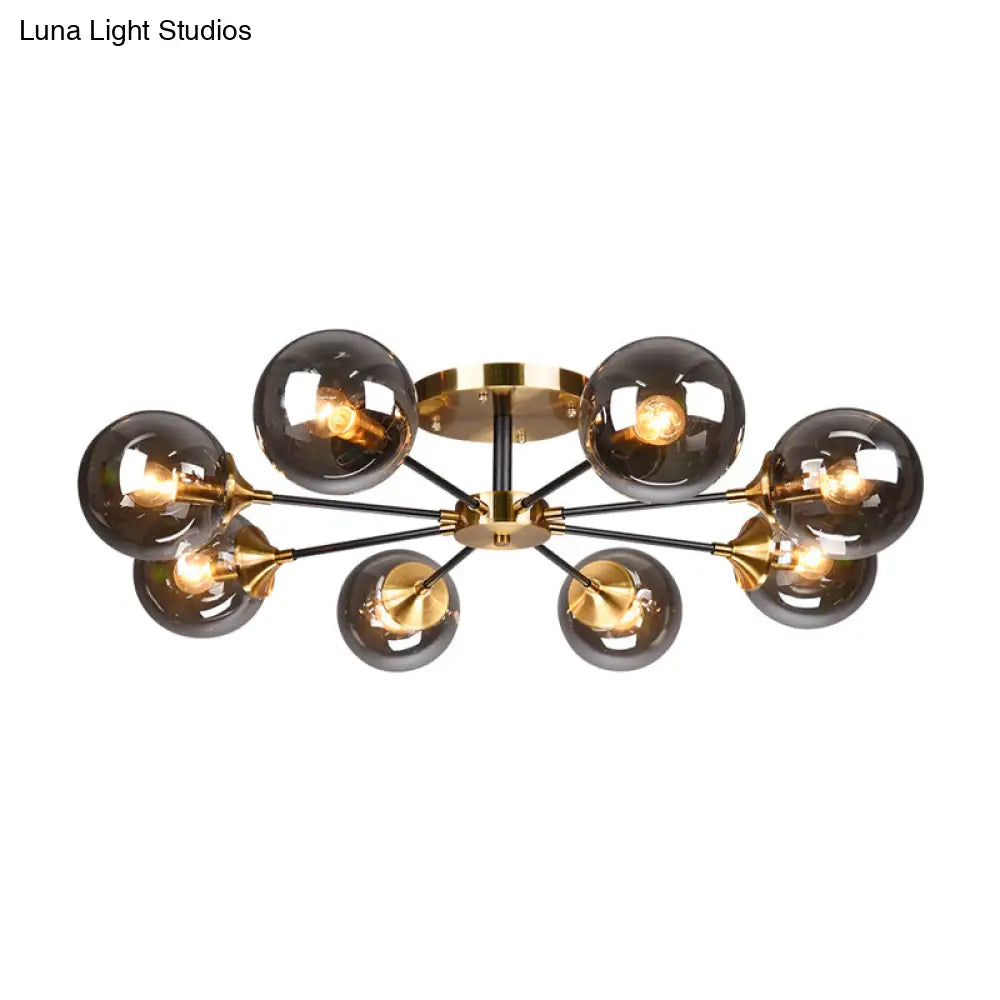 Modern Round Semi Flush Mount Lighting In White/Orange With Smoke Glass - 3/6/8 Light Gold Led
