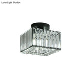 Modern Round/Square Shade Porch Flush Light Fixture With Clear Faceted Crystals - Black Canopy