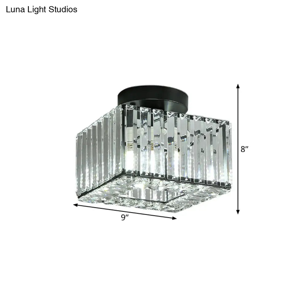Modern Round/Square Shade Porch Flush Light Fixture With Clear Faceted Crystals - Black Canopy