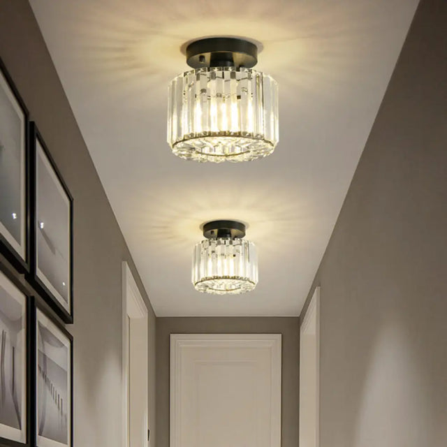 Modern Round/Square Shade Porch Flush Light Fixture With Clear Faceted Crystals - Black Canopy