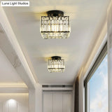 Modern Round/Square Shade Porch Flush Light Fixture With Clear Faceted Crystals - Black Canopy