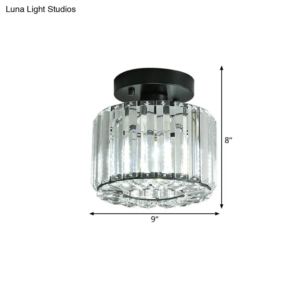 Modern Round/Square Shade Porch Flush Light Fixture With Clear Faceted Crystals - Black Canopy