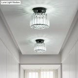 Modern Round/Square Shade Porch Flush Light Fixture With Clear Faceted Crystals - Black Canopy