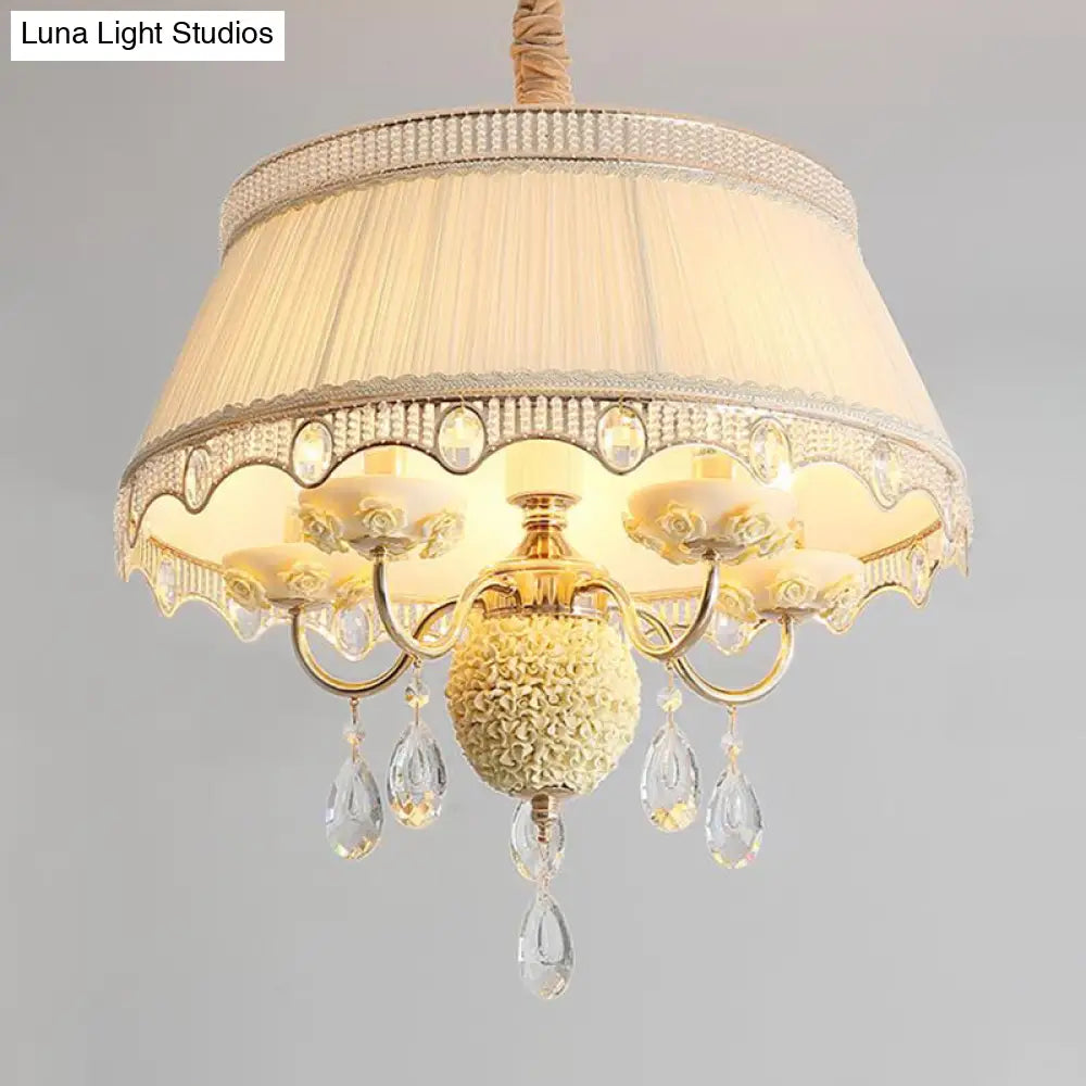 Modern Scalloped Chandelier: 5 Heads Pink/Blue/Purple Fabric Hanging Ceiling Light With Crystal