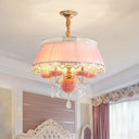 Modern Scalloped Chandelier: 5 Heads Pink/Blue/Purple Fabric Hanging Ceiling Light With Crystal