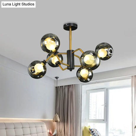 Modern Semi Flush Ceiling Light With 6 Brass Heads And Smoke Grey Glass Shades