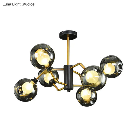 Modern Semi Flush Ceiling Light With 6 Brass Heads And Smoke Grey Glass Shades