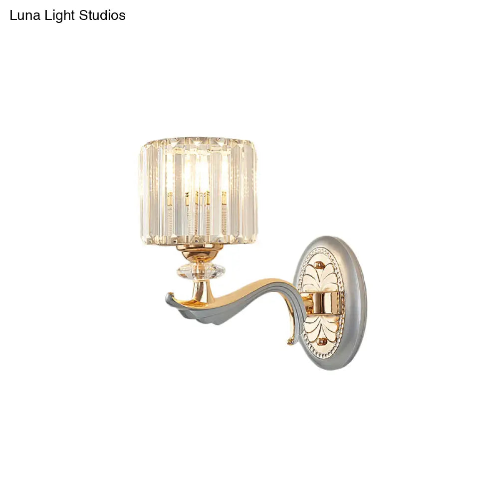 Modern Silver Cylinder Sconce With Clear Crystal Shade - Flush Mount Wall Light