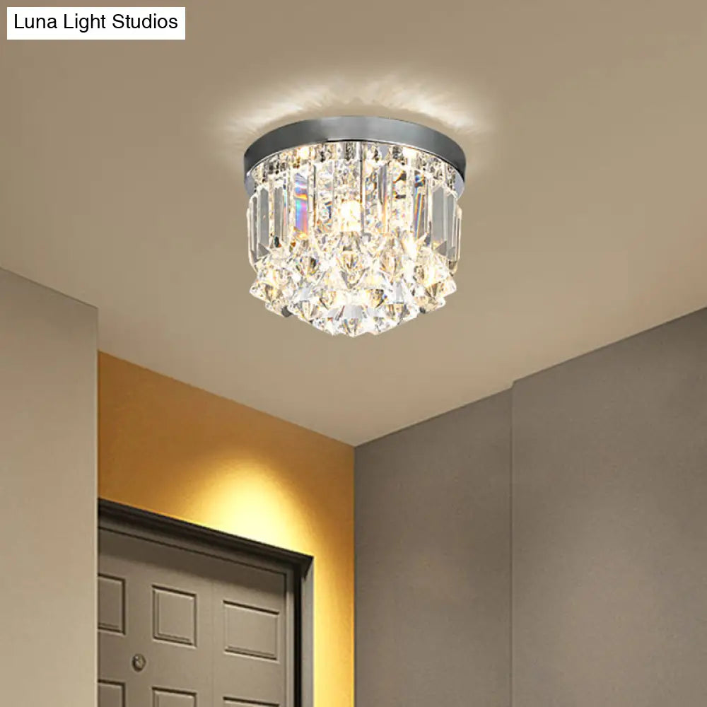 Modern Silver Drum Flush Mount Crystal Prism Corridor Lighting Fixture 10’/14’ Wide
