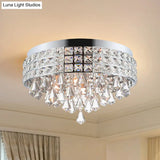 Modern Silver Drum Flush Mount Light With Crystal Accents - 4-Light Bedroom Ceiling Fixture
