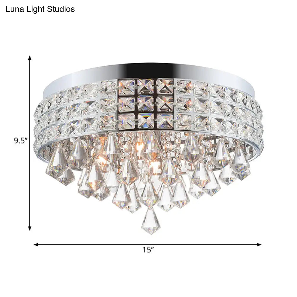 Modern Silver Drum Flush Mount Light With Crystal Accents - 4-Light Bedroom Ceiling Fixture