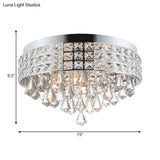 Modern Silver Drum Flush Mount Light With Crystal Accents - 4-Light Bedroom Ceiling Fixture