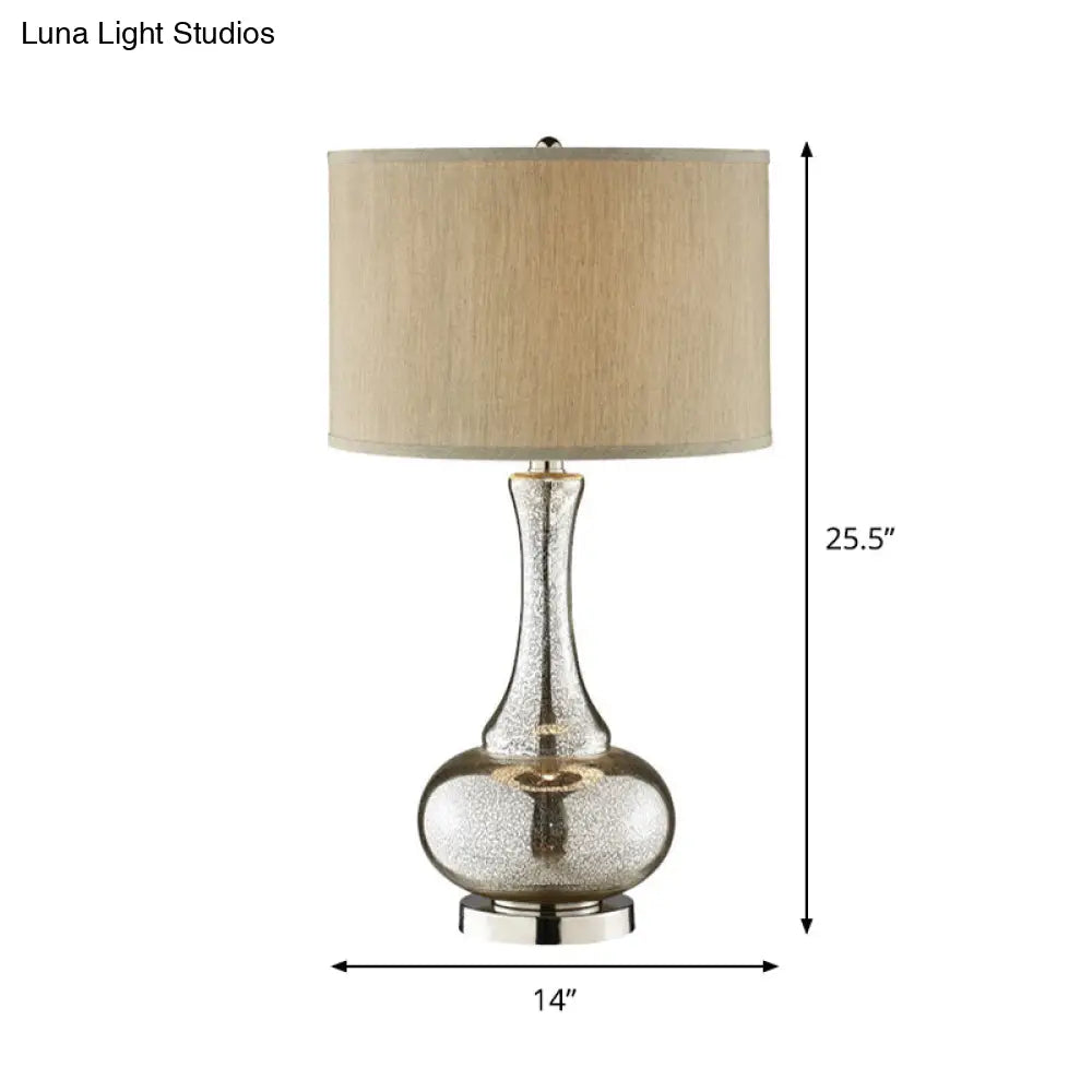 Modern Silver Glass Nightstand Lamp With Beige Fabric Shade
