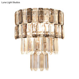 Modern Smoke Gray Crystal Sconce: Layered Design 2-Bulb Wall Mounted Light Fixture For Living Room