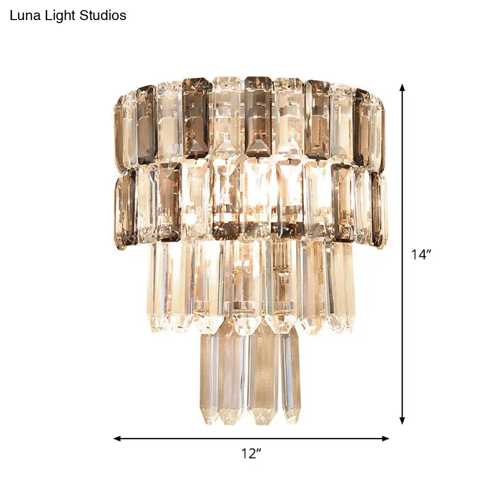 Modern Smoke Gray Crystal Sconce: Layered Design 2-Bulb Wall Mounted Light Fixture For Living Room