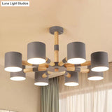 Modern Snowflake Hanging Light: Drum Shade Macaron Wood Chandelier For Living Room