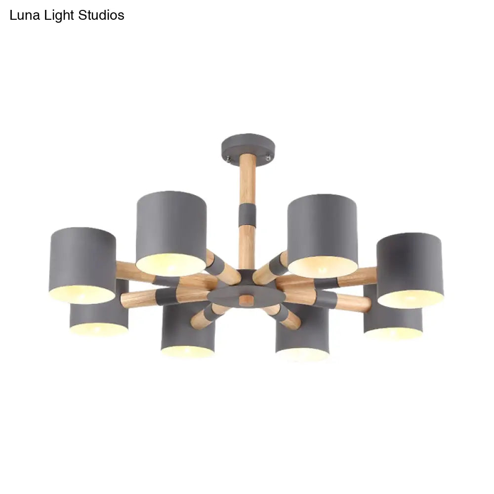 Modern Snowflake Hanging Light: Drum Shade Macaron Wood Chandelier For Living Room