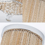 Modern Spiral Glass Rod Ceiling Light 2-Light Flush Mount Chrome With Crystal Drop 7’/10’ Wide