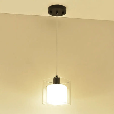 Modern Square Hanging Black Pendant Light Fixture With Clear And White Glass